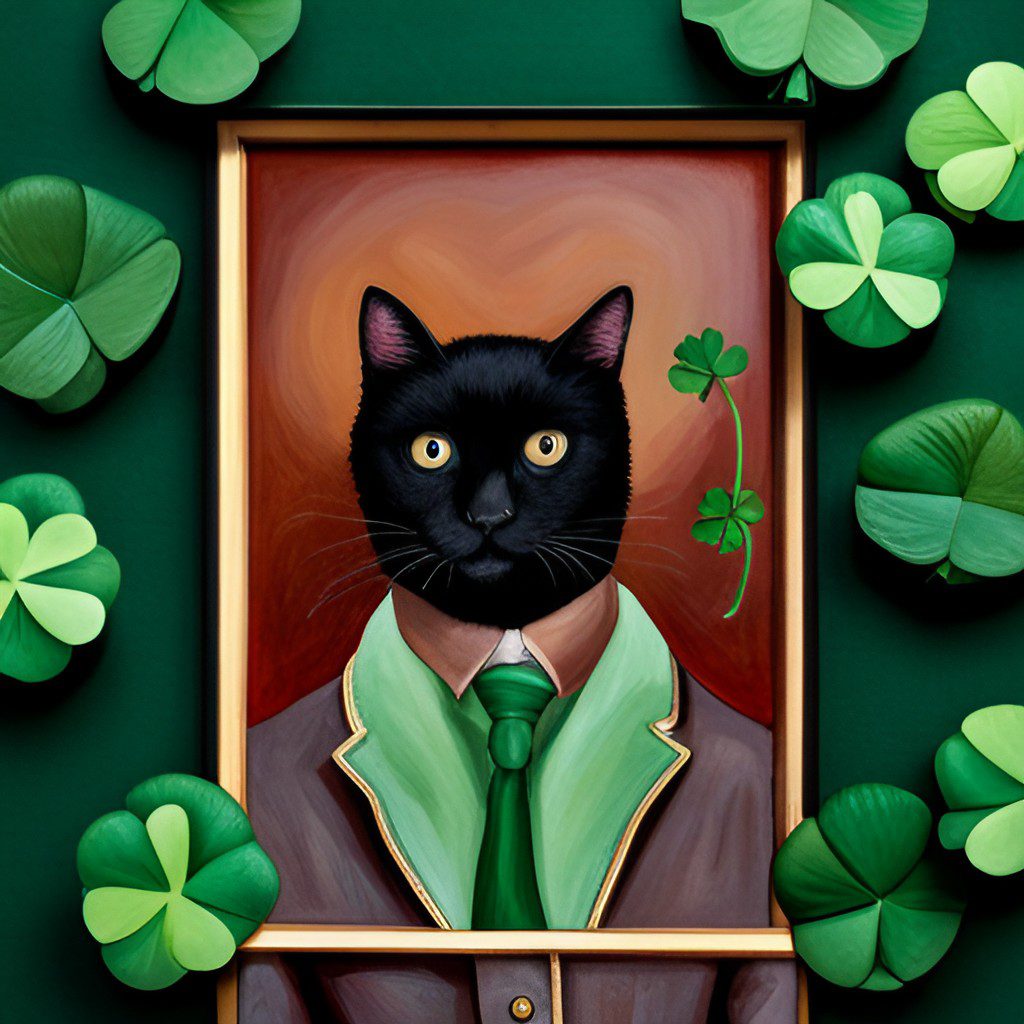 superstitions black cat, mirror, four leaf clover. 