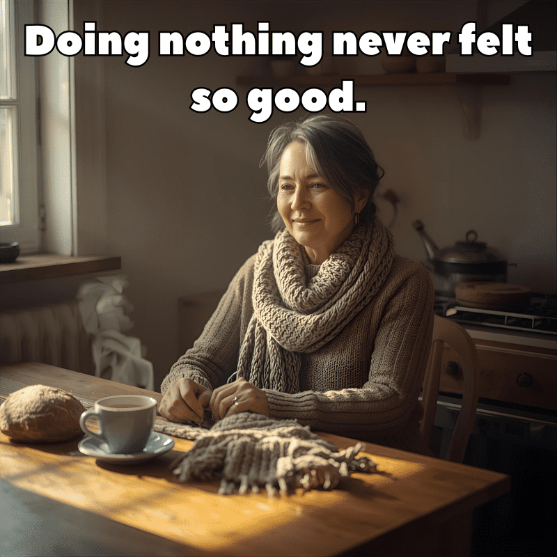 A warm, cozy scene showing a woman in her 40s sitting peacefully at a wooden kitchen table, surrounded by simple hobbies — a half-knitted scarf, a steaming mug of tea, a loaf of bread cooling nearby, sunlight streaming through a window. T